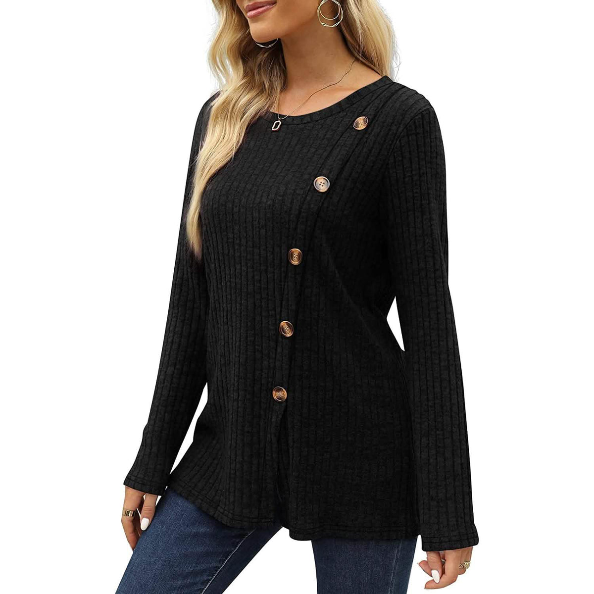 Women's Long Sleeve Crew Neck Tunic Tops Buttons Side - A-1 Thread Vault