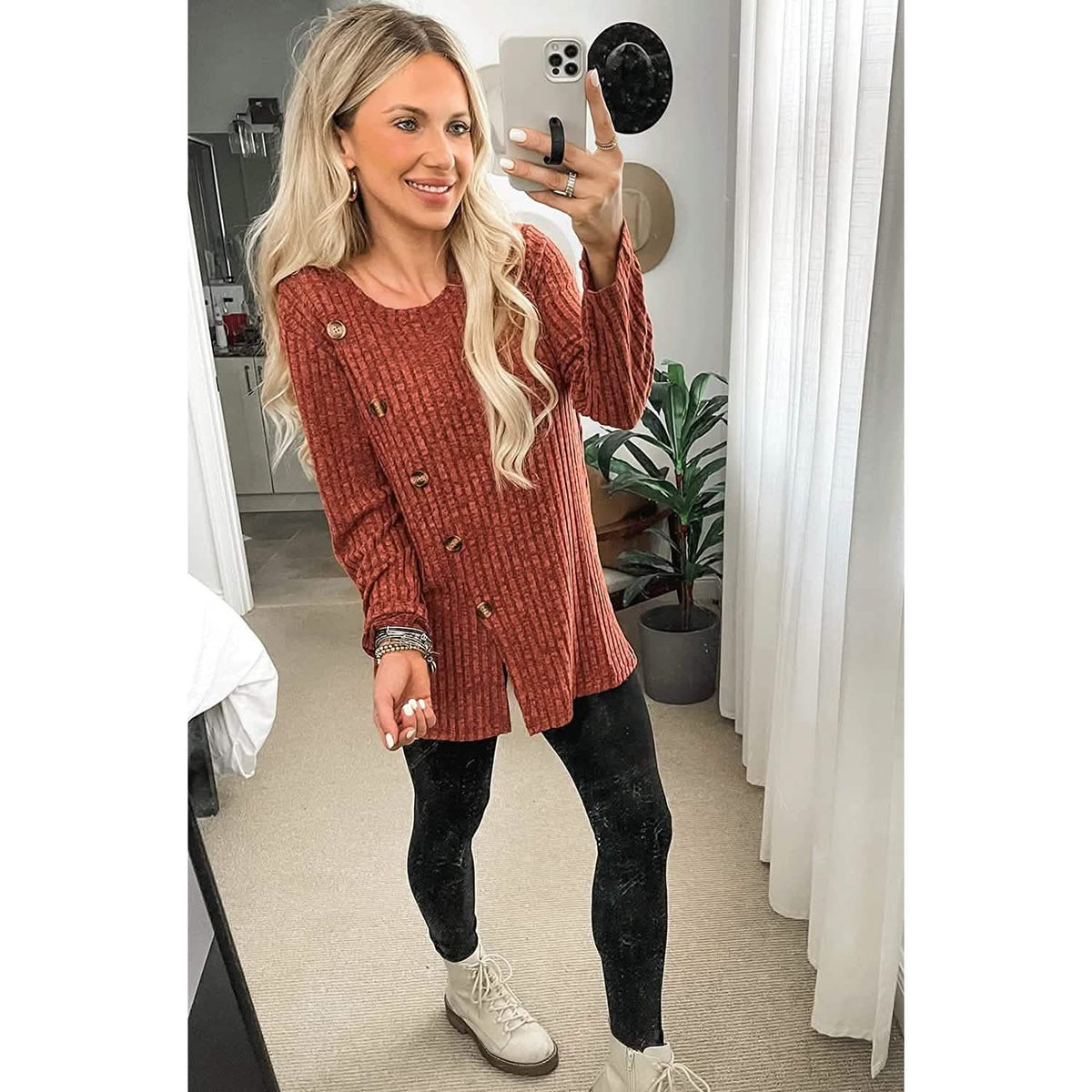 Women's Long Sleeve Crew Neck Tunic Tops Buttons Side - A-1 Thread Vault