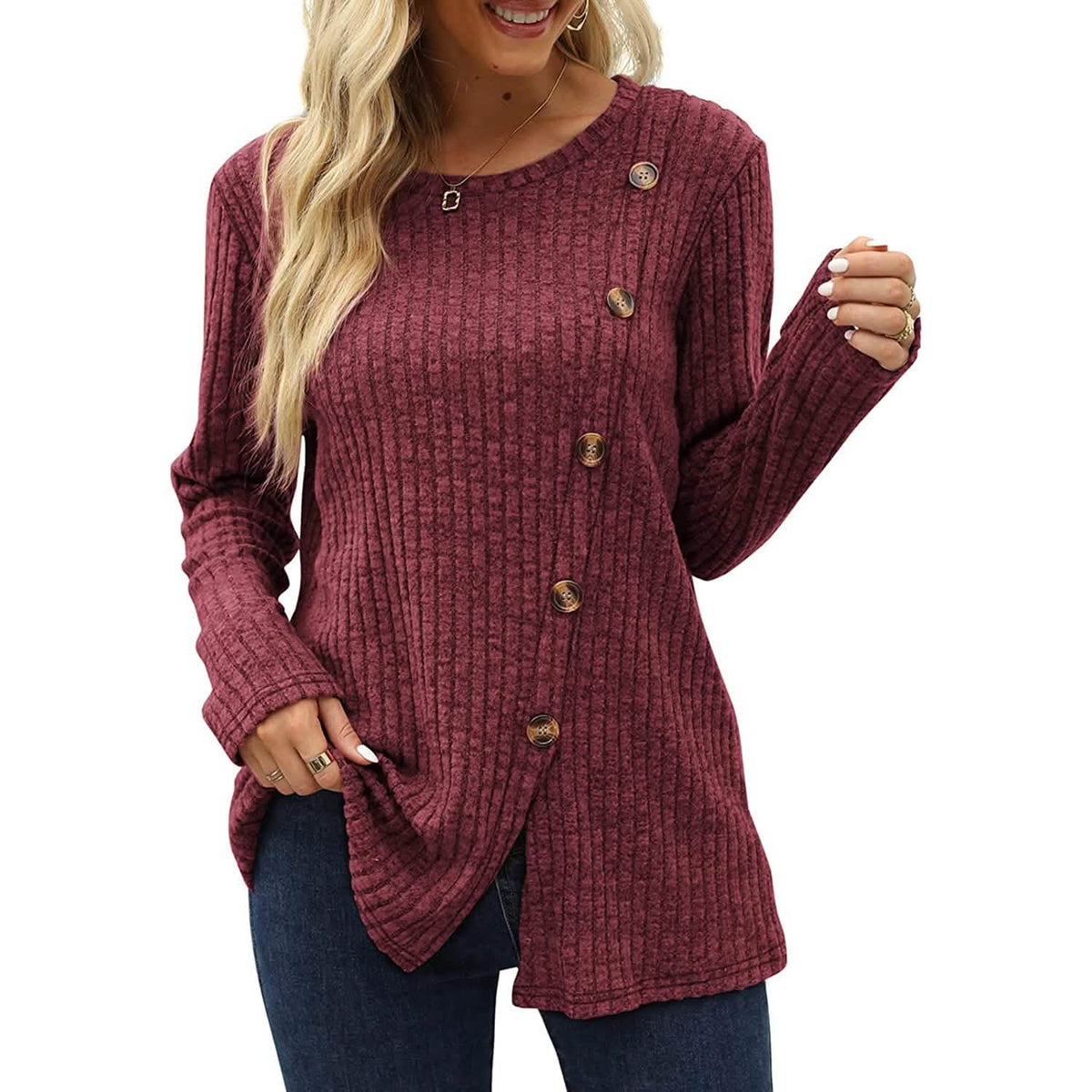Women's Long Sleeve Crew Neck Tunic Tops Buttons Side - A-1 Thread Vault