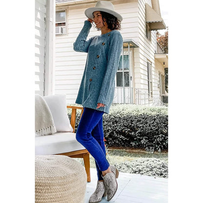 Women's Long Sleeve Crew Neck Tunic Tops Buttons Side - A-1 Thread Vault