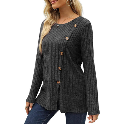 Women's Long Sleeve Crew Neck Tunic Tops Buttons Side - A-1 Thread Vault