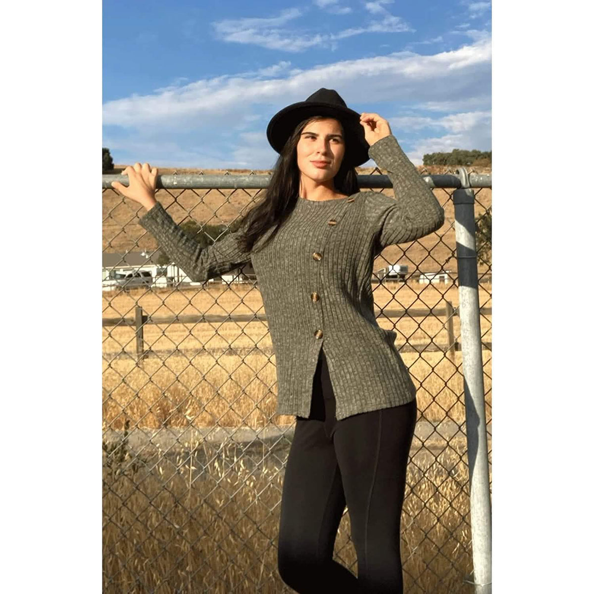 Women's Long Sleeve Crew Neck Tunic Tops Buttons Side - A-1 Thread Vault