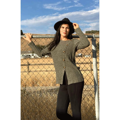 Women's Long Sleeve Crew Neck Tunic Tops Buttons Side - A-1 Thread Vault