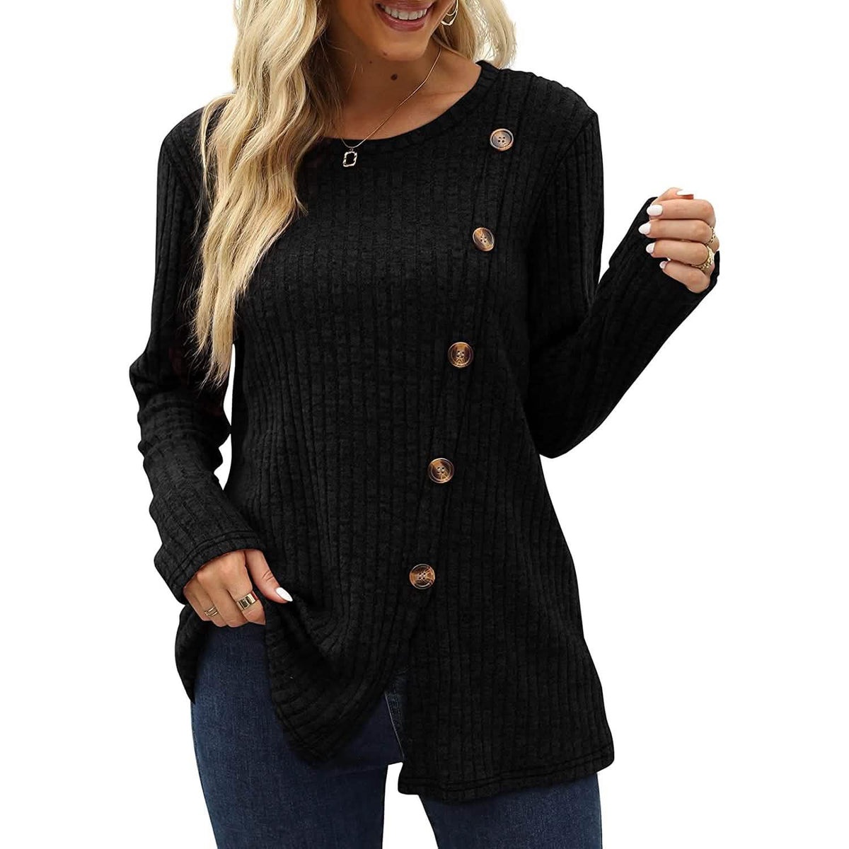 Women's Long Sleeve Crew Neck Tunic Tops Buttons Side - A-1 Thread Vault