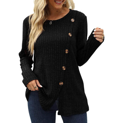 Women's Long Sleeve Crew Neck Tunic Tops Buttons Side - A-1 Thread Vault