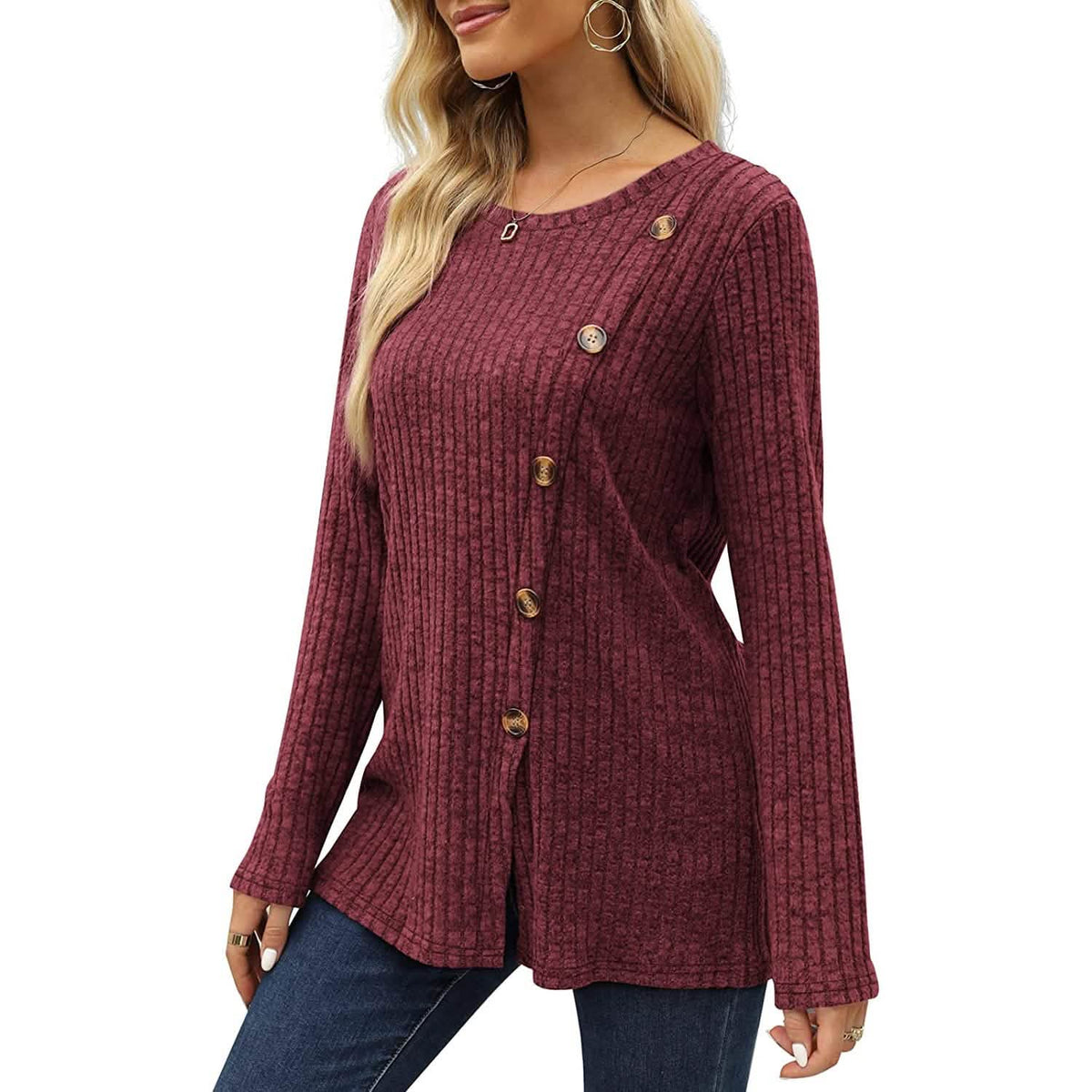 Women's Long Sleeve Crew Neck Tunic Tops Buttons Side - A-1 Thread Vault