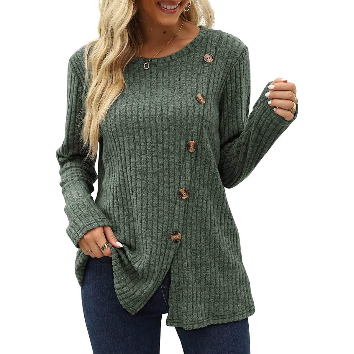 Women's Long Sleeve Crew Neck Tunic Tops Buttons Side - A-1 Thread Vault