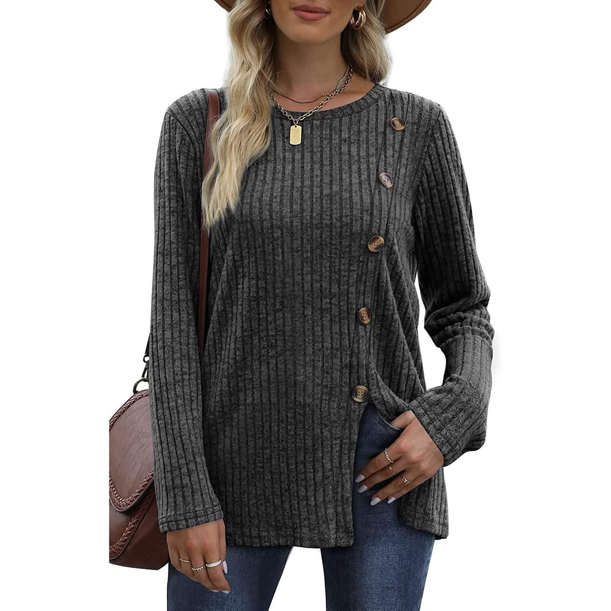 Women's Long Sleeve Crew Neck Tunic Tops Buttons Side - A-1 Thread Vault