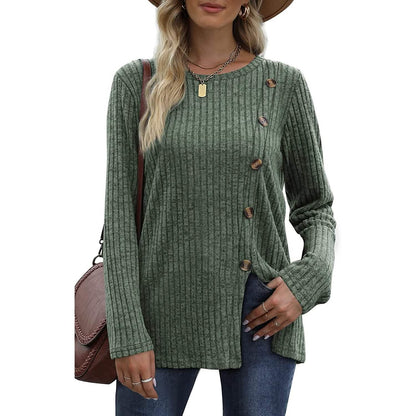 Women's Long Sleeve Crew Neck Tunic Tops Buttons Side - A-1 Thread Vault