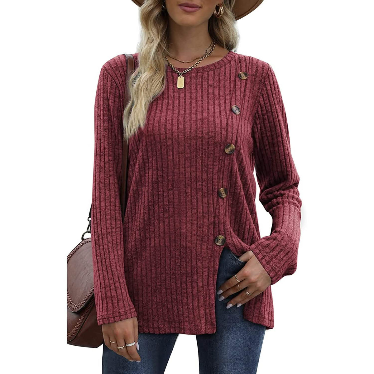 Women's Long Sleeve Crew Neck Tunic Tops Buttons Side - A-1 Thread Vault