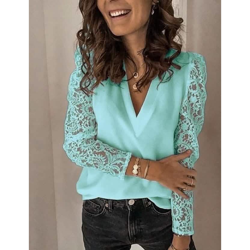 Women's Long Sleeve Lace Patchwork V Neck Top - A-1 Thread Vault