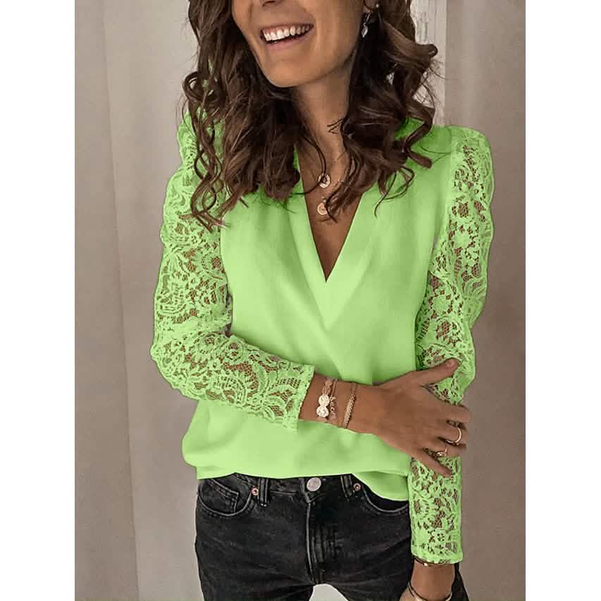 Women's Long Sleeve Lace Patchwork V Neck Top - A-1 Thread Vault