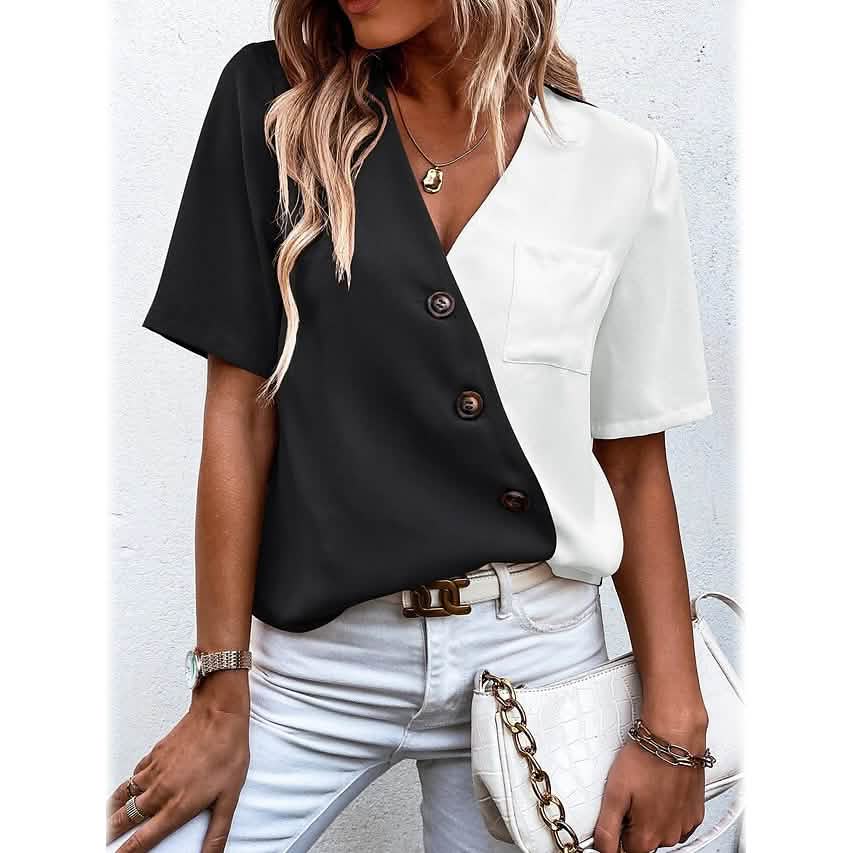 Women's Pocket Button V-Neck Short Sleeve Shirt - A-1 Thread Vault