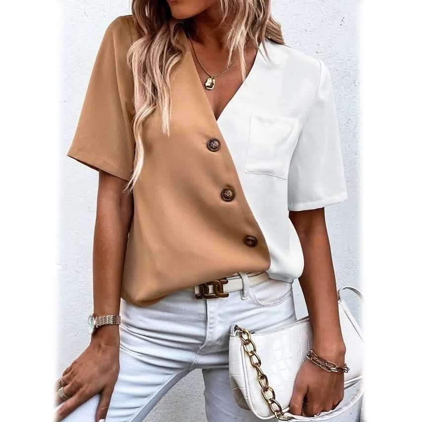 Women's Pocket Button V-Neck Short Sleeve Shirt - A-1 Thread Vault