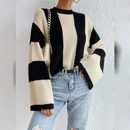 Women's Pullover Ribbed Knit Patchwork Striped Sweater - A-1 Thread Vault