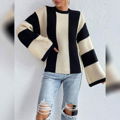 Women's Pullover Ribbed Knit Patchwork Striped Sweater - A-1 Thread Vault
