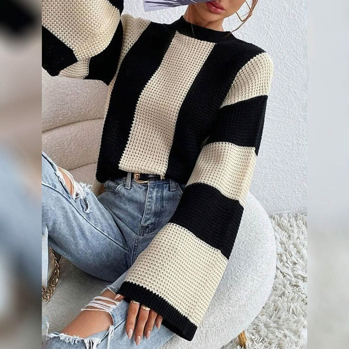 Women's Pullover Ribbed Knit Patchwork Striped Sweater - A-1 Thread Vault