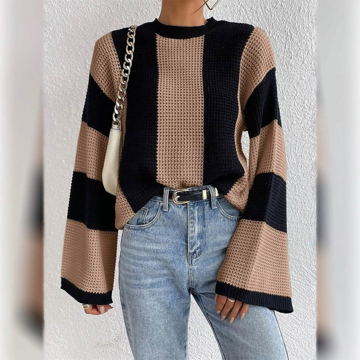 Women's Pullover Ribbed Knit Patchwork Striped Sweater - A-1 Thread Vault