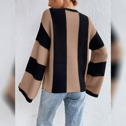 Women's Pullover Ribbed Knit Patchwork Striped Sweater - A-1 Thread Vault