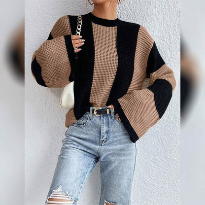Women's Pullover Ribbed Knit Patchwork Striped Sweater - A-1 Thread Vault