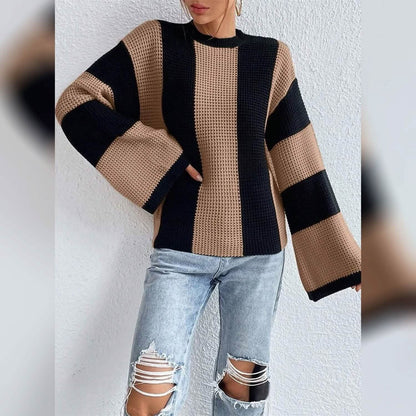 Women's Pullover Ribbed Knit Patchwork Striped Sweater - A-1 Thread Vault
