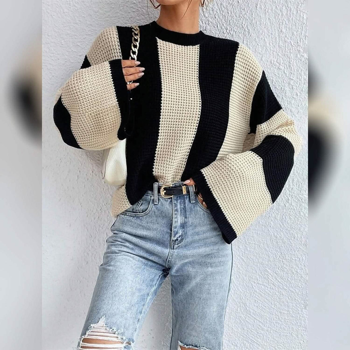 Women's Pullover Ribbed Knit Patchwork Striped Sweater - A-1 Thread Vault