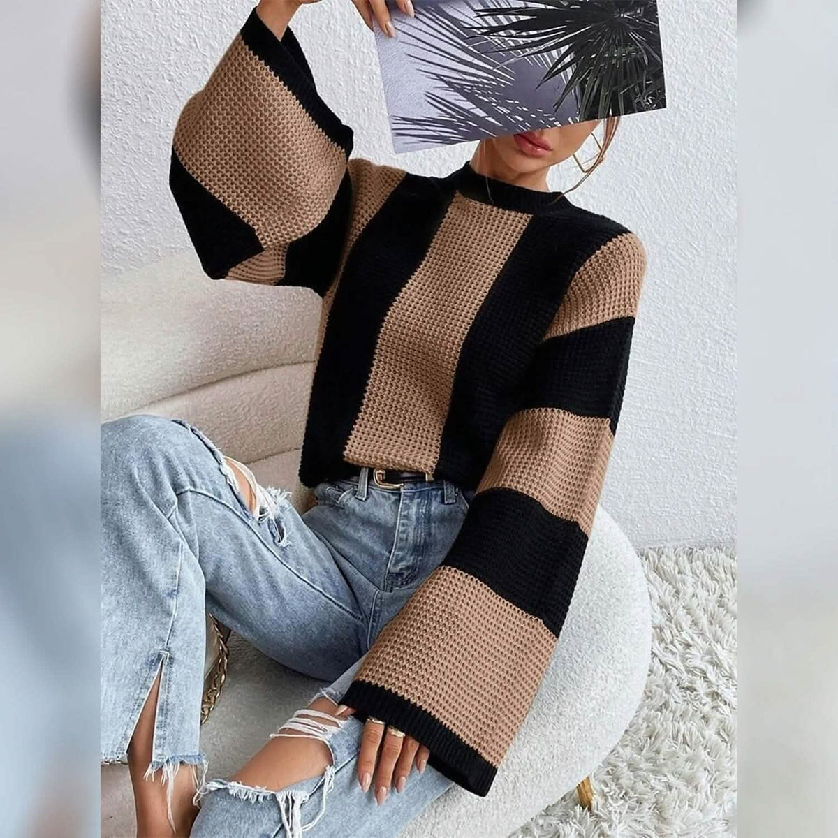 Women's Pullover Ribbed Knit Patchwork Striped Sweater - A-1 Thread Vault