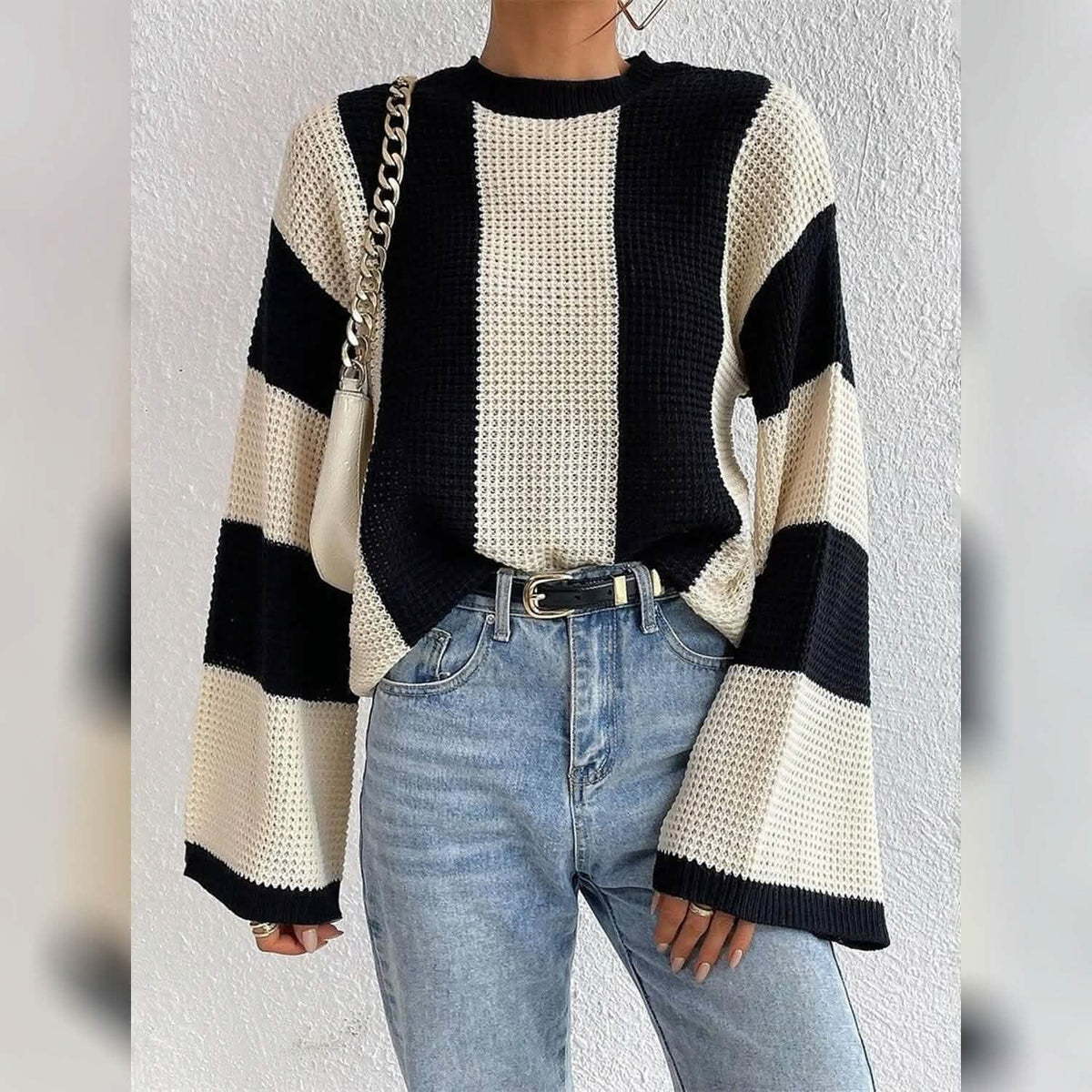 Women's Pullover Ribbed Knit Patchwork Striped Sweater - A-1 Thread Vault