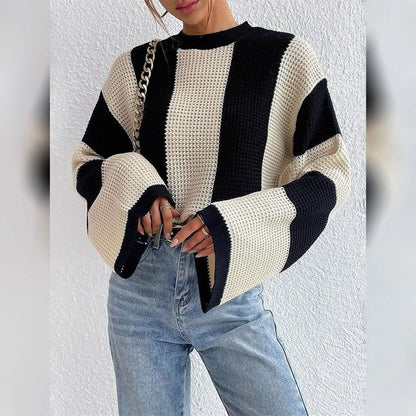 Women's Pullover Ribbed Knit Patchwork Striped Sweater - A-1 Thread Vault