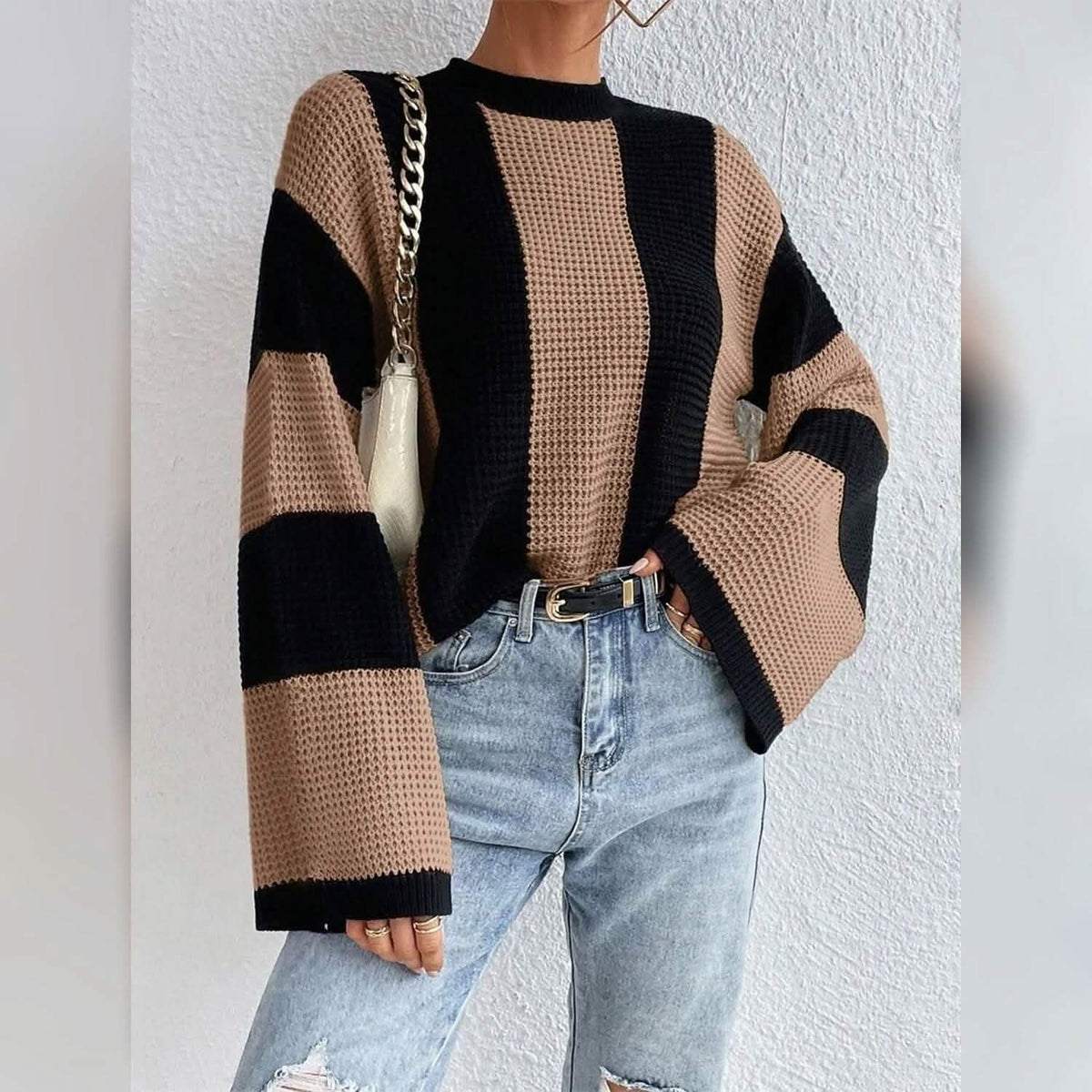 Women's Pullover Ribbed Knit Patchwork Striped Sweater - A-1 Thread Vault