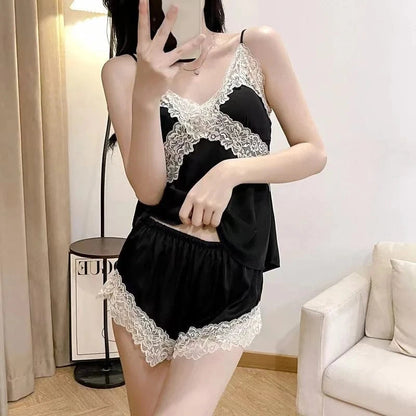 Womens Sexy Satin Pajama Set Lace Trim Cami Top Shorts Lingerie Sleepwear Silky Black Cream V Neck Spaghetti Strap Two Piece - A-1 Thread Vault
