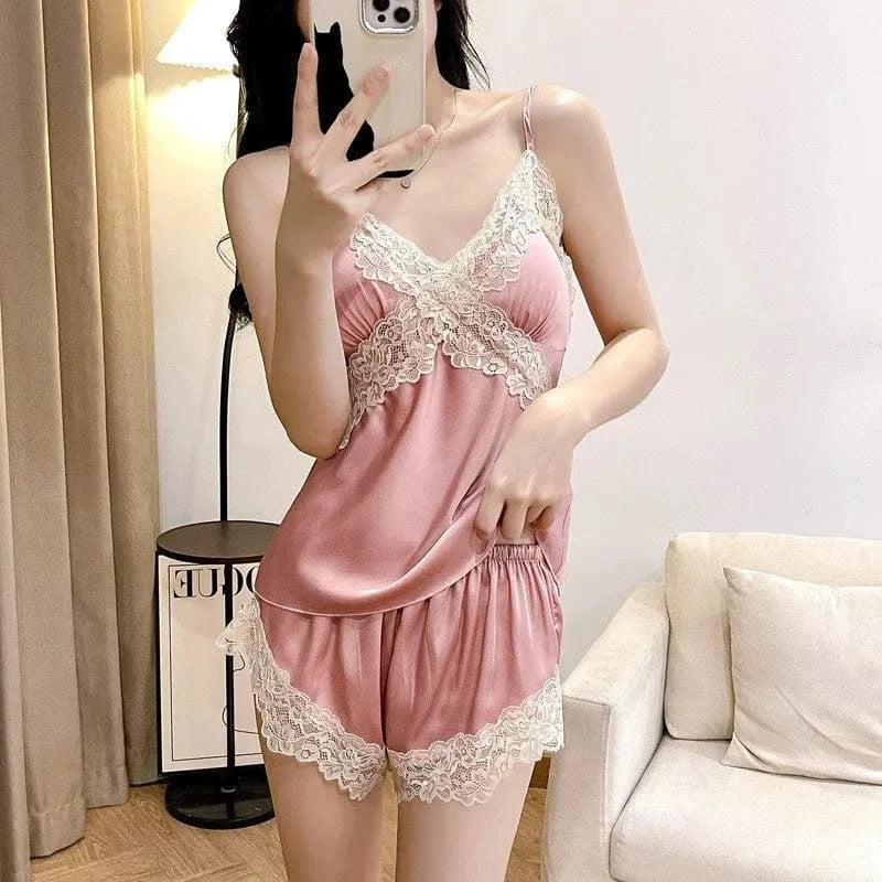 Womens Sexy Satin Pajama Set Lace Trim Cami Top Shorts Lingerie Sleepwear Silky Black Cream V Neck Spaghetti Strap Two Piece - A-1 Thread Vault