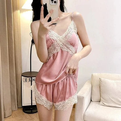 Womens Sexy Satin Pajama Set Lace Trim Cami Top Shorts Lingerie Sleepwear Silky Black Cream V Neck Spaghetti Strap Two Piece - A-1 Thread Vault