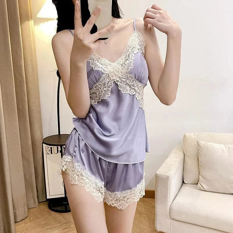 Womens Sexy Satin Pajama Set Lace Trim Cami Top Shorts Lingerie Sleepwear Silky Black Cream V Neck Spaghetti Strap Two Piece - A-1 Thread Vault