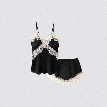 Womens Sexy Satin Pajama Set Lace Trim Cami Top Shorts Lingerie Sleepwear Silky Black Cream V Neck Spaghetti Strap Two Piece - A-1 Thread Vault