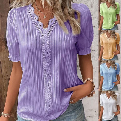 Women's Shirt Blouse Plain Lace Short Sleeve Casual Basic V Neck - A-1 Thread Vault