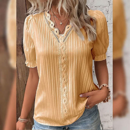 Women's Shirt Blouse Plain Lace Short Sleeve Casual Basic V Neck - A-1 Thread Vault