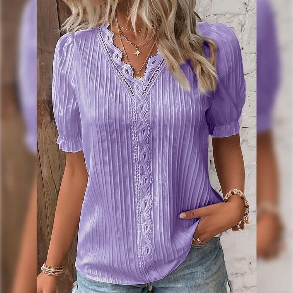 Women's Shirt Blouse Plain Lace Short Sleeve Casual Basic V Neck - A-1 Thread Vault