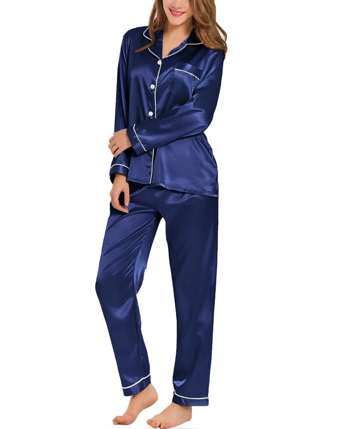 Womens Silk Satin Pajamas Loungewear Two-piece Sleepwear Button-Down Full Sleeve Long Pj Set - A-1 Thread Vault