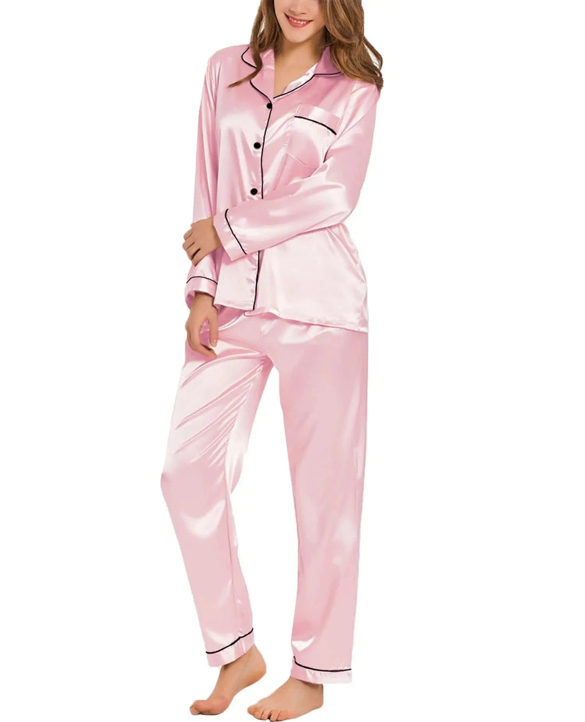 Womens Silk Satin Pajamas Loungewear Two-piece Sleepwear Button-Down Full Sleeve Long Pj Set - A-1 Thread Vault