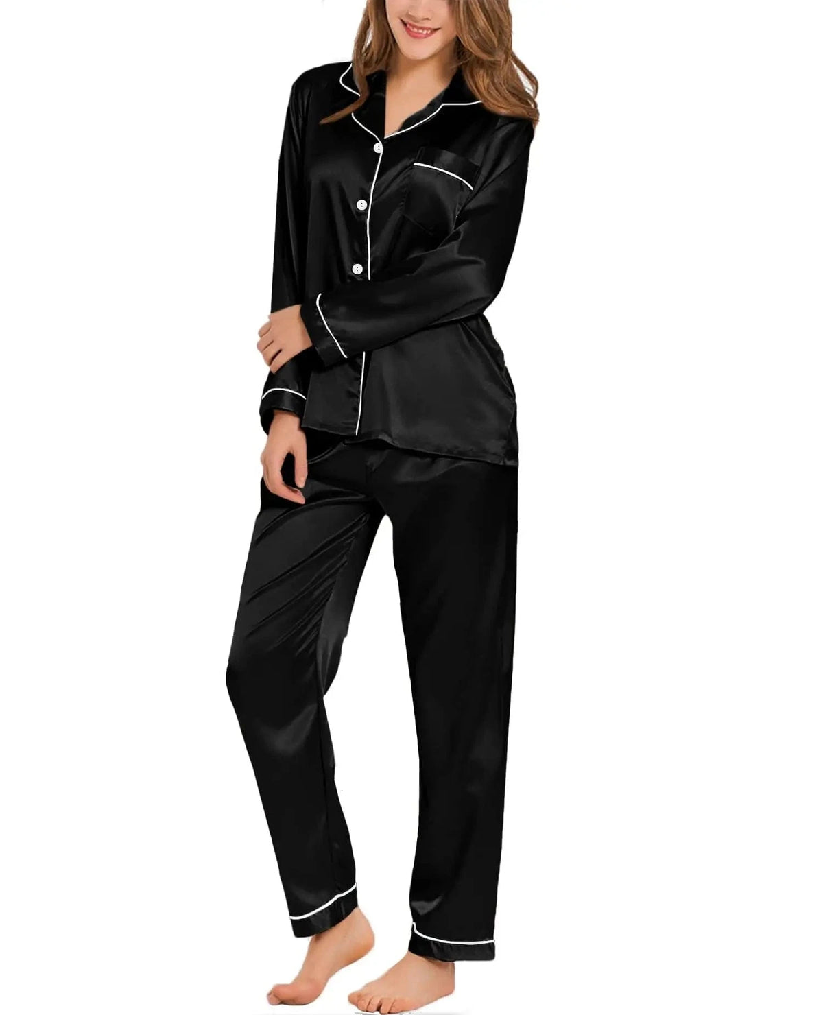 Womens Silk Satin Pajamas Loungewear Two-piece Sleepwear Button-Down Full Sleeve Long Pj Set - A-1 Thread Vault
