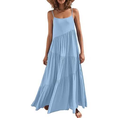 Women's Summer Casual Loose Sleeveless Spaghetti Strap Asymmetric Tiered Beach Maxi Long Dress - A-1 Thread Vault