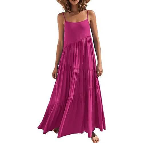 Women's Summer Casual Loose Sleeveless Spaghetti Strap Asymmetric Tiered Beach Maxi Long Dress - A-1 Thread Vault