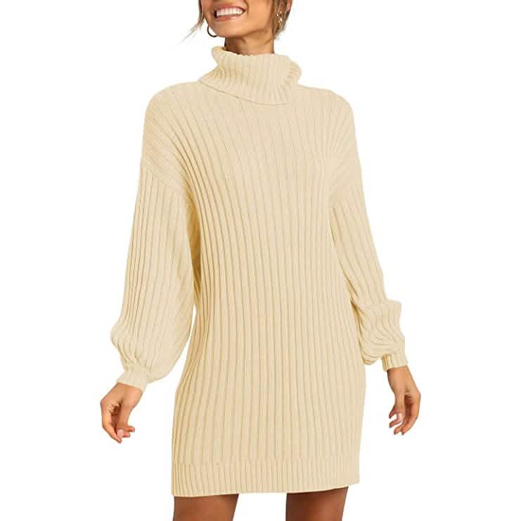 Women's Turtleneck Long Lantern Sleeve Casual Loose Oversized Sweater Dress - A-1 Thread Vault