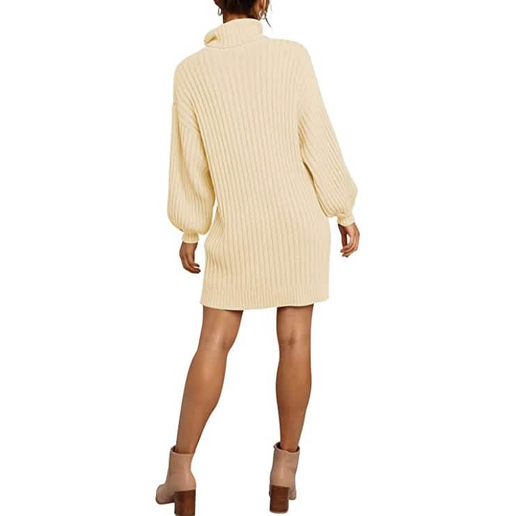 Women's Turtleneck Long Lantern Sleeve Casual Loose Oversized Sweater Dress - A-1 Thread Vault