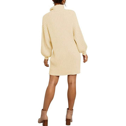Women's Turtleneck Long Lantern Sleeve Casual Loose Oversized Sweater Dress - A-1 Thread Vault