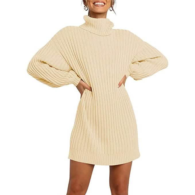 Women's Turtleneck Long Lantern Sleeve Casual Loose Oversized Sweater Dress - A-1 Thread Vault
