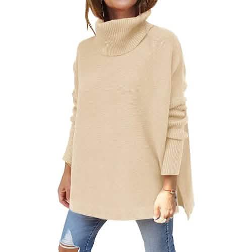 Women's Turtleneck Oversized Sweaters Long Batwing Sleeve Spilt Hem Tunic - A-1 Thread Vault