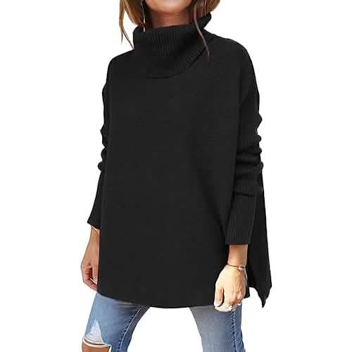 Women's Turtleneck Oversized Sweaters Long Batwing Sleeve Spilt Hem Tunic - A-1 Thread Vault