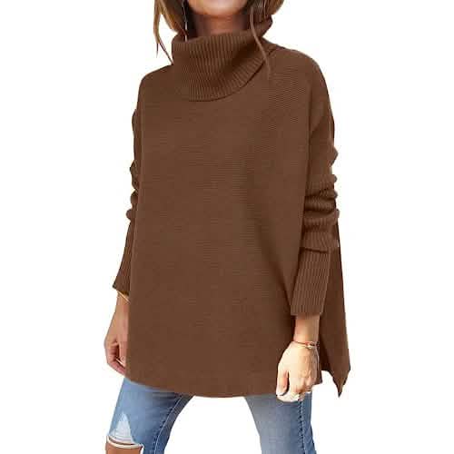 Women's Turtleneck Oversized Sweaters Long Batwing Sleeve Spilt Hem Tunic - A-1 Thread Vault